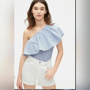 New‎ GAP Womens One Shoulder Striped Ruffle Top Size Small White Blue